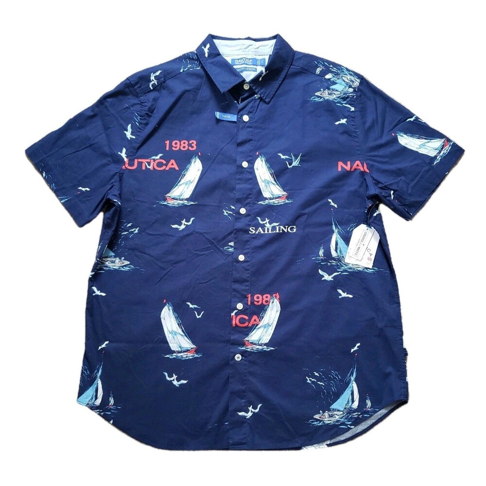 NWT Nautica Blue Sail Classic Fit Stretch Size Large Mens Navy Button Up Shirt